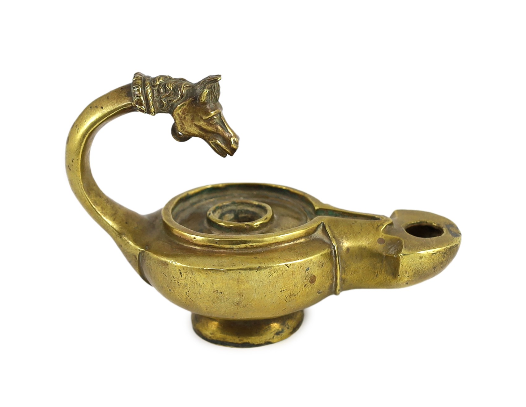 A Renaissance or Roman bronze oil lamp, 17.5cm long